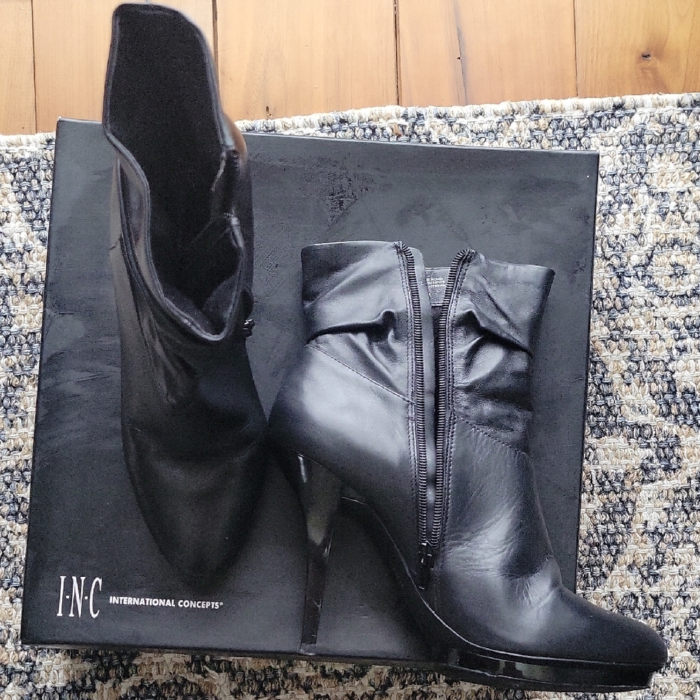 INC International Concepts Black Heeled Leather Boots 10